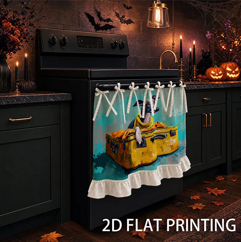 1PC kitchen stove curtain, cabinet curtain and apron. Featuring a 2D graphic design featuring a cute greyhound wearing a yellow