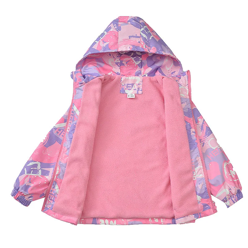 2026 Girls Waterproof Fleece Lined Printed Hooded Zip Hiking Jackets School Kids Outfit Windbreaker Children Track Coat Tops
