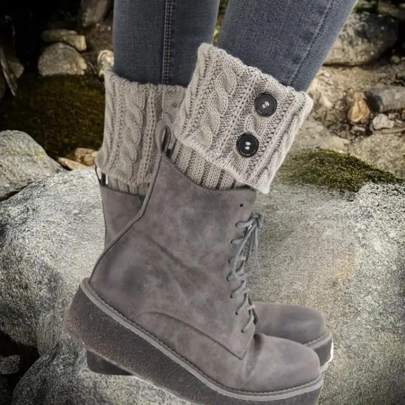 1 Pairs الخريف الشتاء المرأة قصيرة المعين الوجه 2 زر جهاز تدفئة القدمين محبوك جوارب قماشية موضة واقي أحذية بلاستيك تدفئة الساق