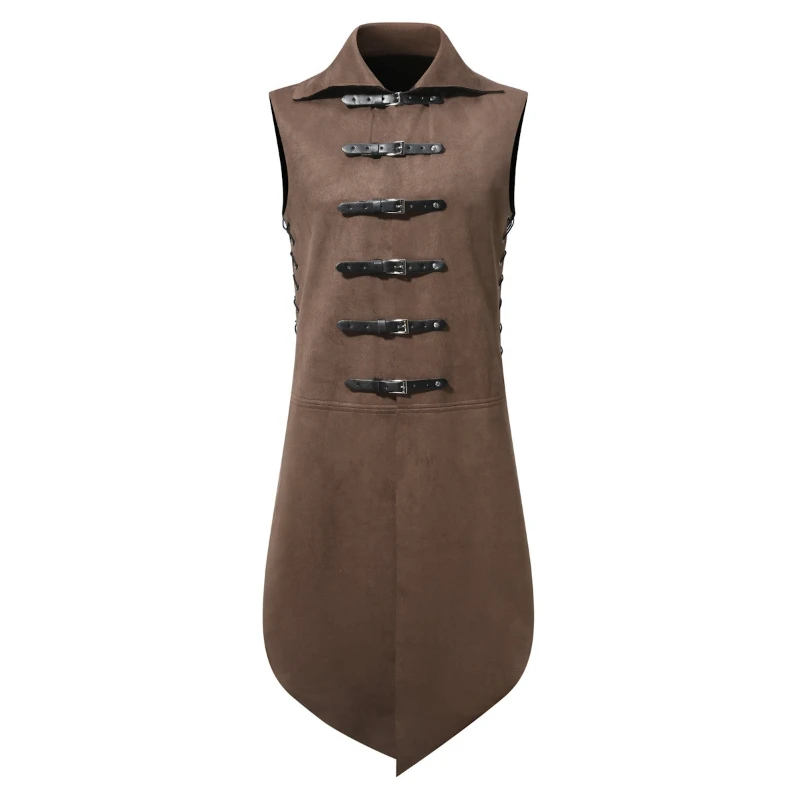 Green Medieval Renaissance Steampunk Tailcoat Vest for Men and Women,Dark Brown Stand Collar Sleeveless PU Button Tuxedo Unisex