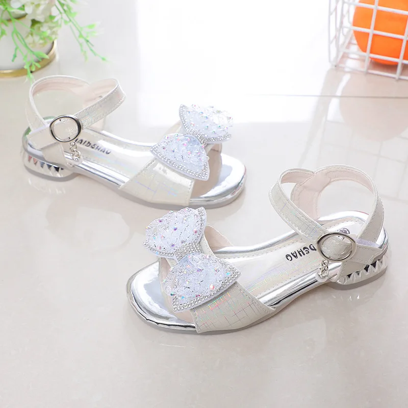 2024 Prinses Meisjes Feestschoenen Kinderen Sandalen Pailletten Strass Strik Hoge Hakken Schoenen Meisjes Sandalen Peep Toe Zomer Kids Schoen