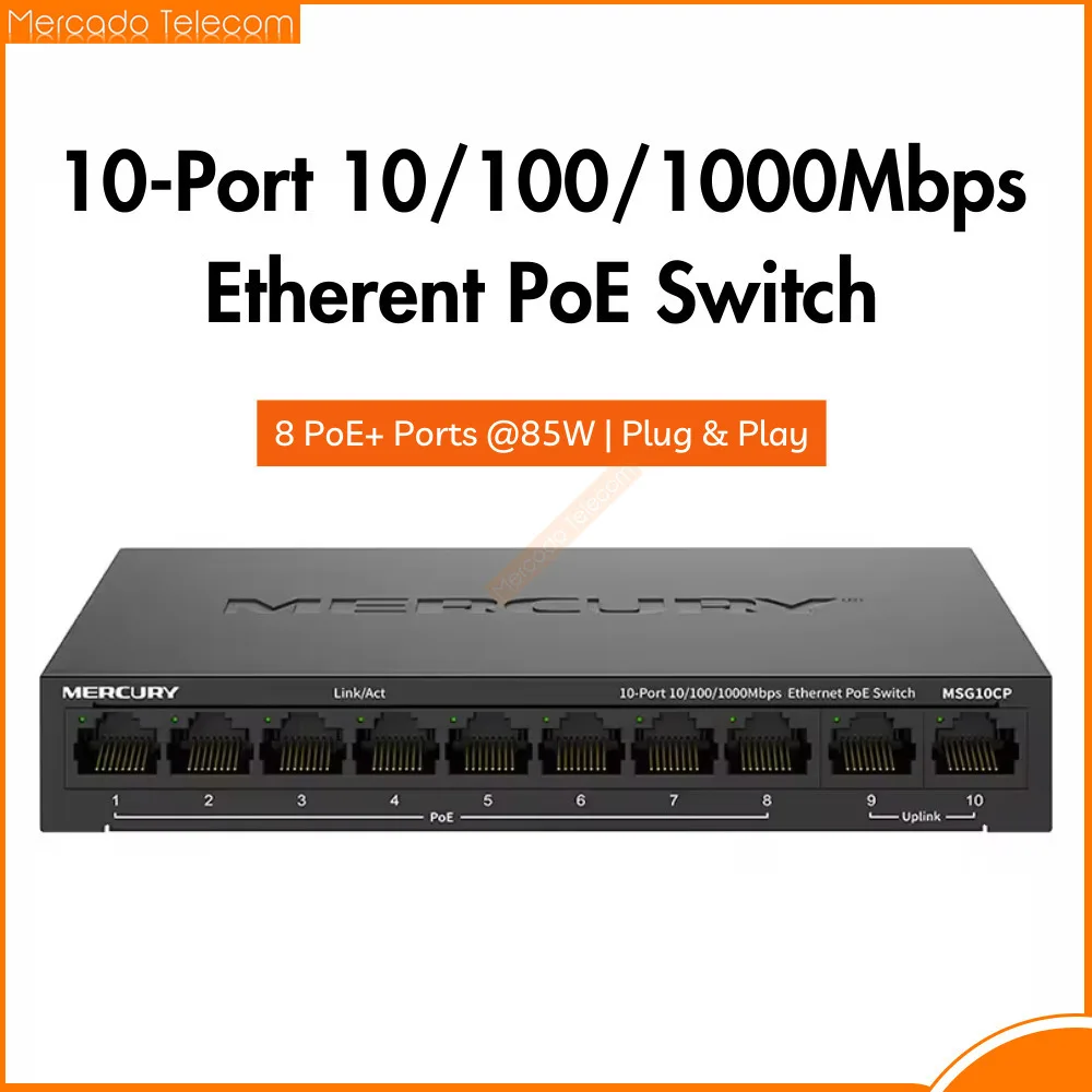 10-port Gigabit PoE Switch 8 Ports PoE@85W+2Gigabit Uplink Ports, Plug and Play Monitoring Network Line Splitter MSG10CP