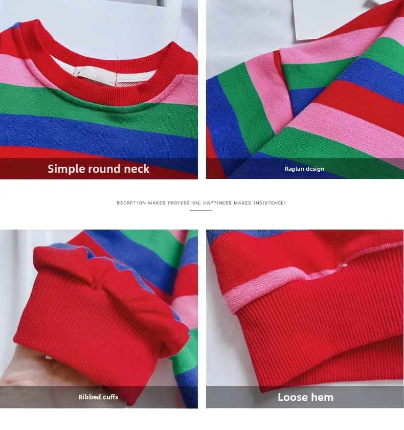 2026 Neuer Frühlings- und Herbststil für 1-8 Jahre alte Mädchen: Gestreifter, modischer, vielseitiger Rundhals-Hoodie mit Regenbogenstreifen – Detail 3