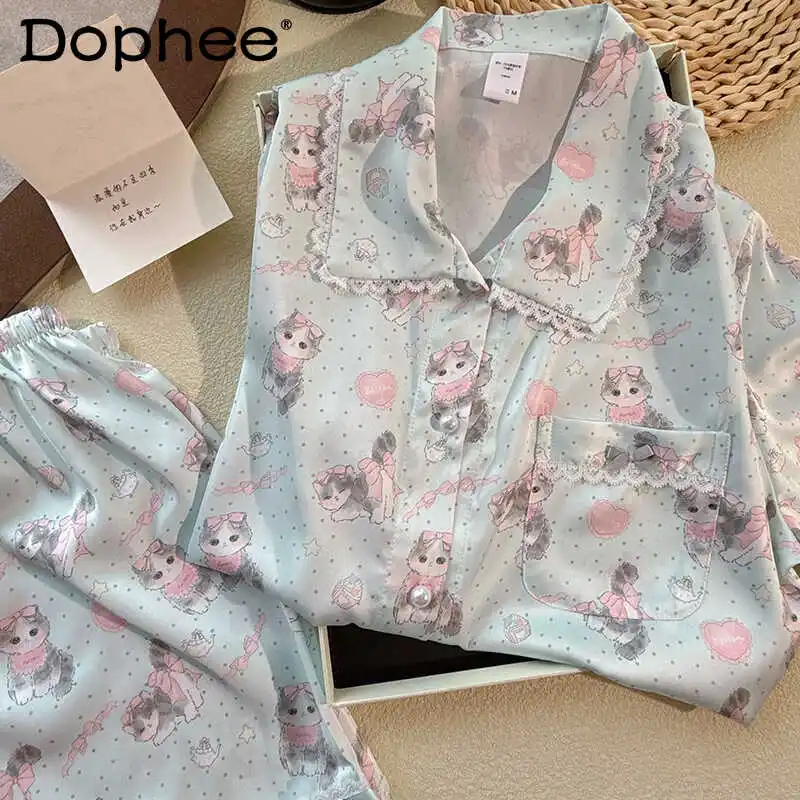 

2025 New Summer Cartoon Ice Silk Pajamas Sweet Girl Lace Doll Collar Loungewear Casual Skin-friendly Short-sleeved Set