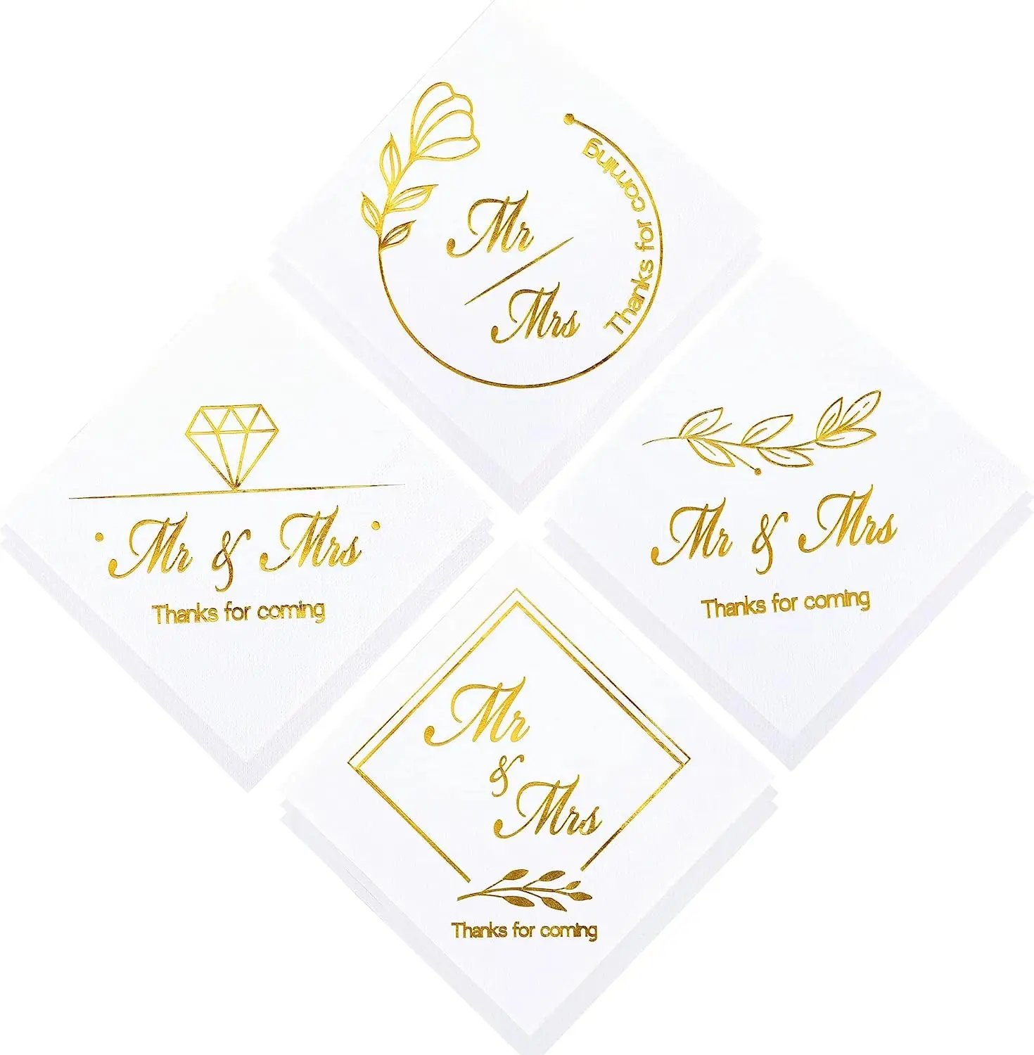 Gold Foil Wedding Napkins, 3 Ply, Mr and Mrs, Cocktail, Beverage, Dessert, 100 Pcs