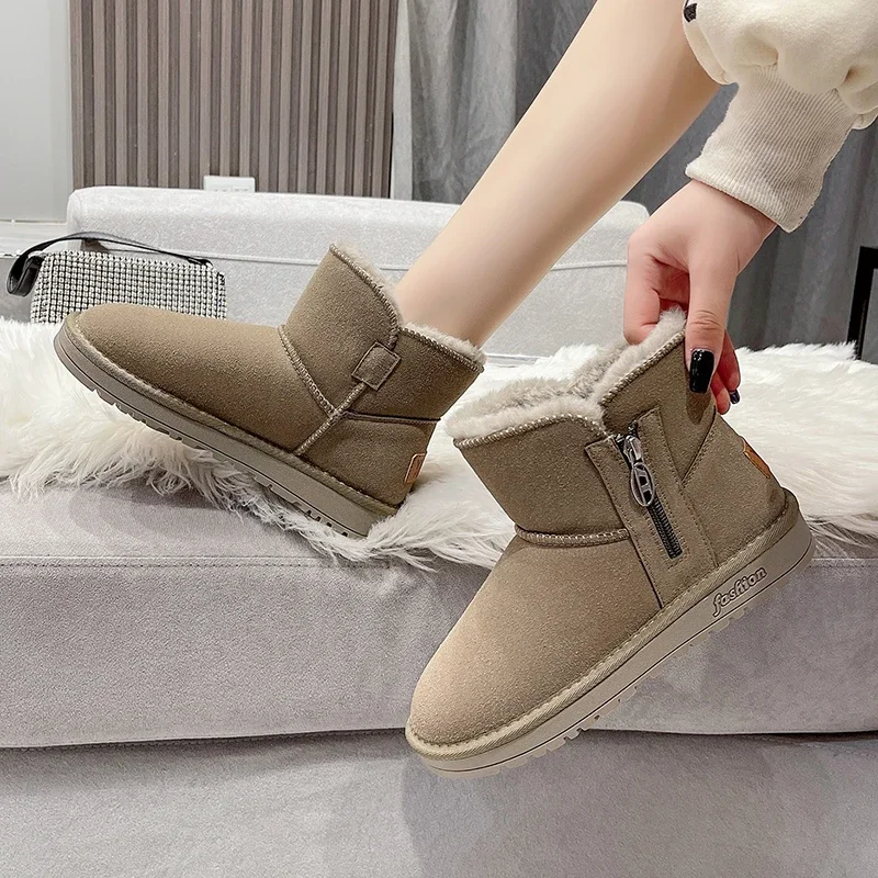 2024 Winter Fashion Genuine Leather Snow Ankle Boots Faux Fur Imitation Sheep Wool Warm Booties Non-slip Ladies Casual Shoes