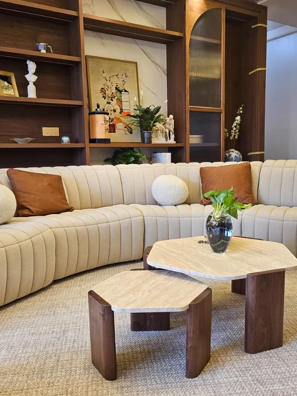 Natural Travertine Marble & Wooden Coffee, Side Table For Home Hotel Restaurant