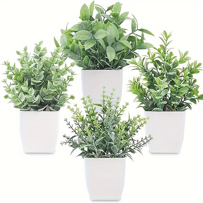 4pcs Simulation Bonsai, Artificial Greenery Potted Plants, Fake Plant For Farmhouse Bedroom Living Room Bathroom Home Decor