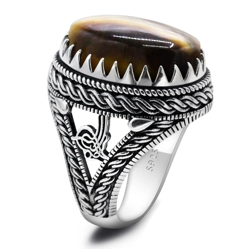 خاتم فضة 925 أصلي من الذهب الطبيعي على شكل عين النمر هدية كلاسيكية للرجال تصميم تركي أنيق ذو طبقات مجوفة