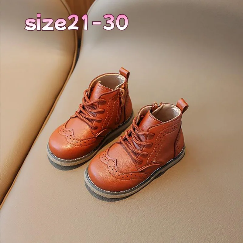 

Cozy PU Leather Ankle Boots, Toddler/Kids Unisex Non-Slip Outdoor Shoes for Autumn Winter