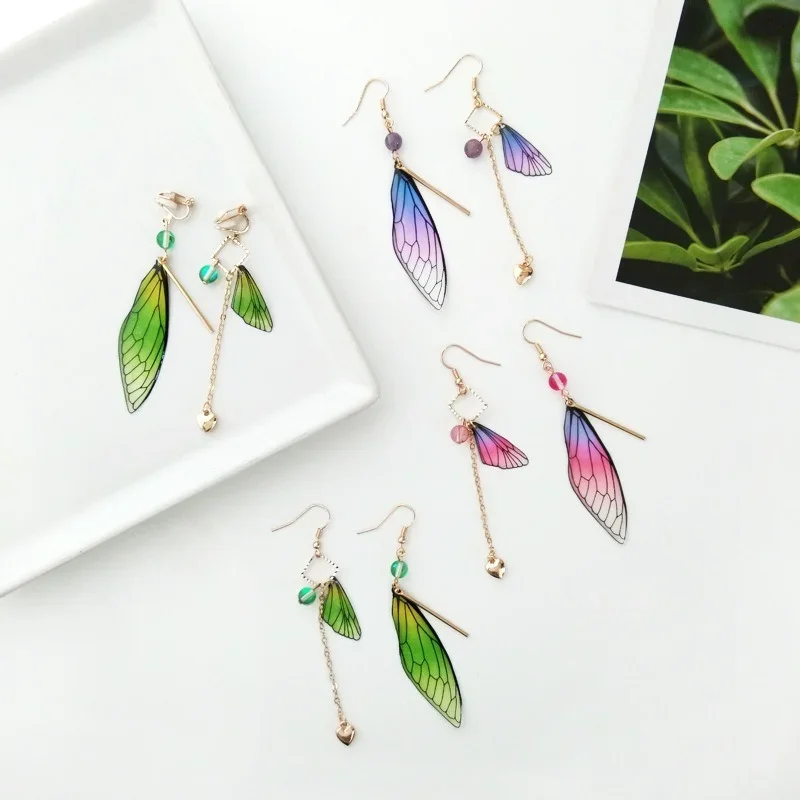 Temperament Fairy Long earrings Butterfly Wings Drop Earrings Dreamy Gradient Color Asymmetric Earrings Romantic Bridal Jewelry