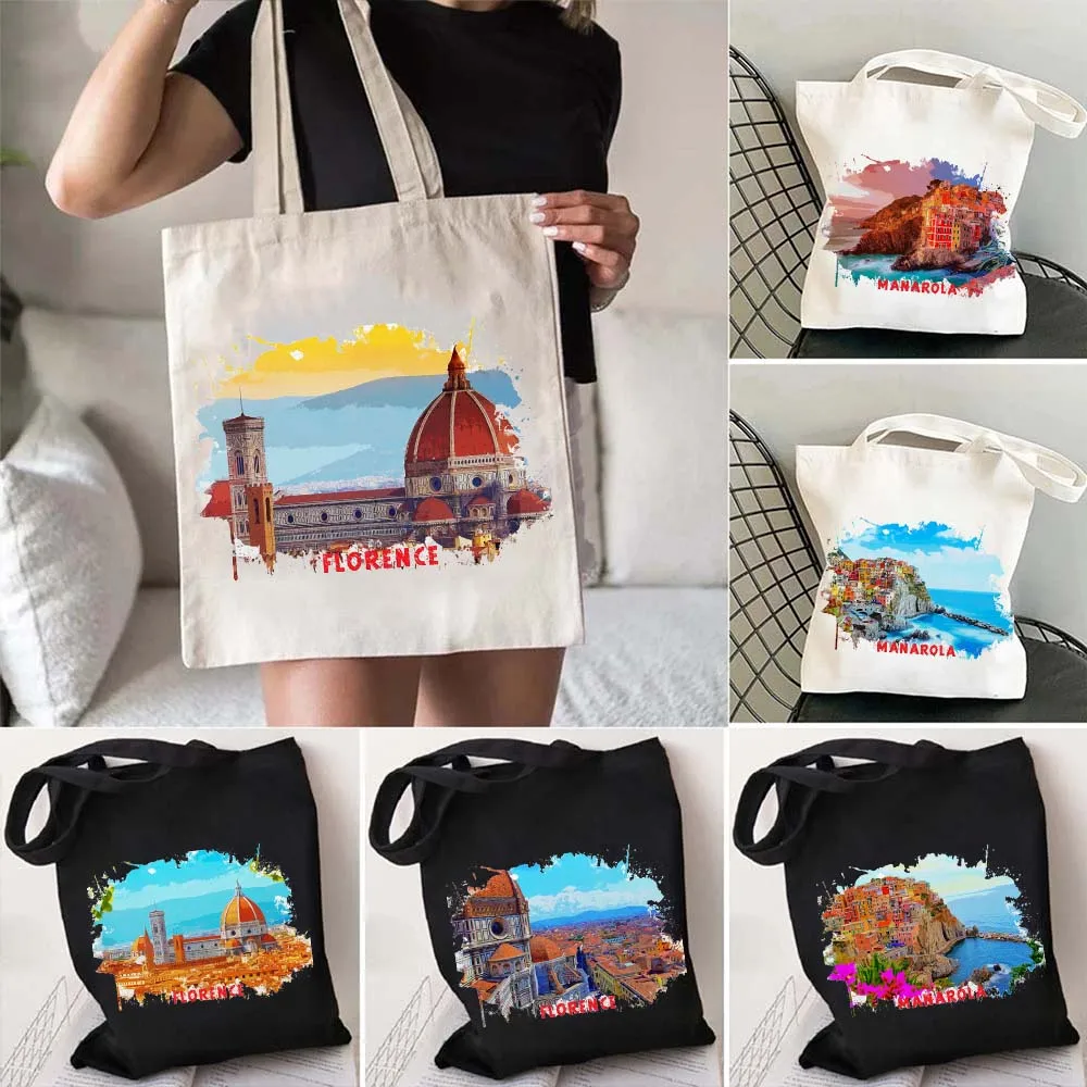 Manarola Florence Italy City Sights Watercolor Ink Painting Shoulder Canvas Cotton Totes Bags Harajuku Eco Women Shopper Handbag