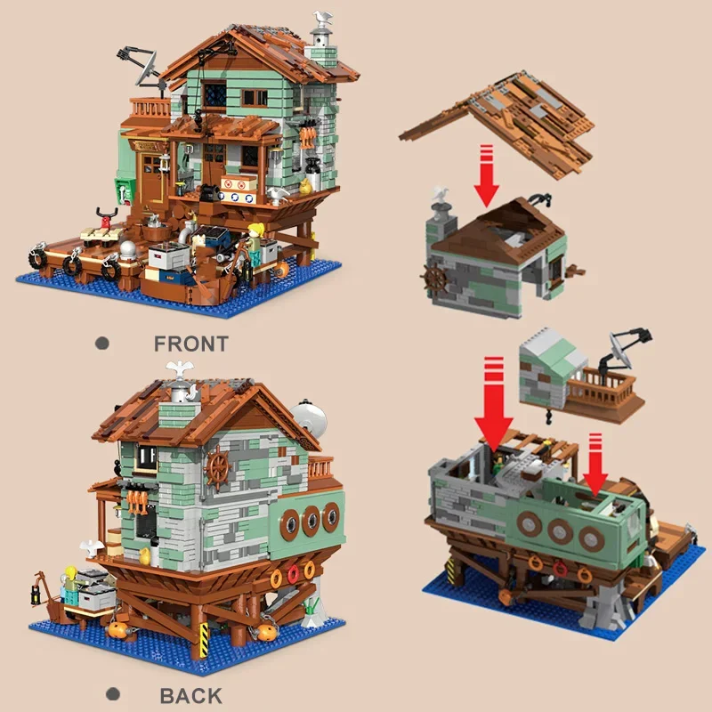 Creative Fisherman's Cabin Wharf Model Building Blocks Street View Old Fishing Shop Village Hut With Figures Mini Bricks Kid Toy