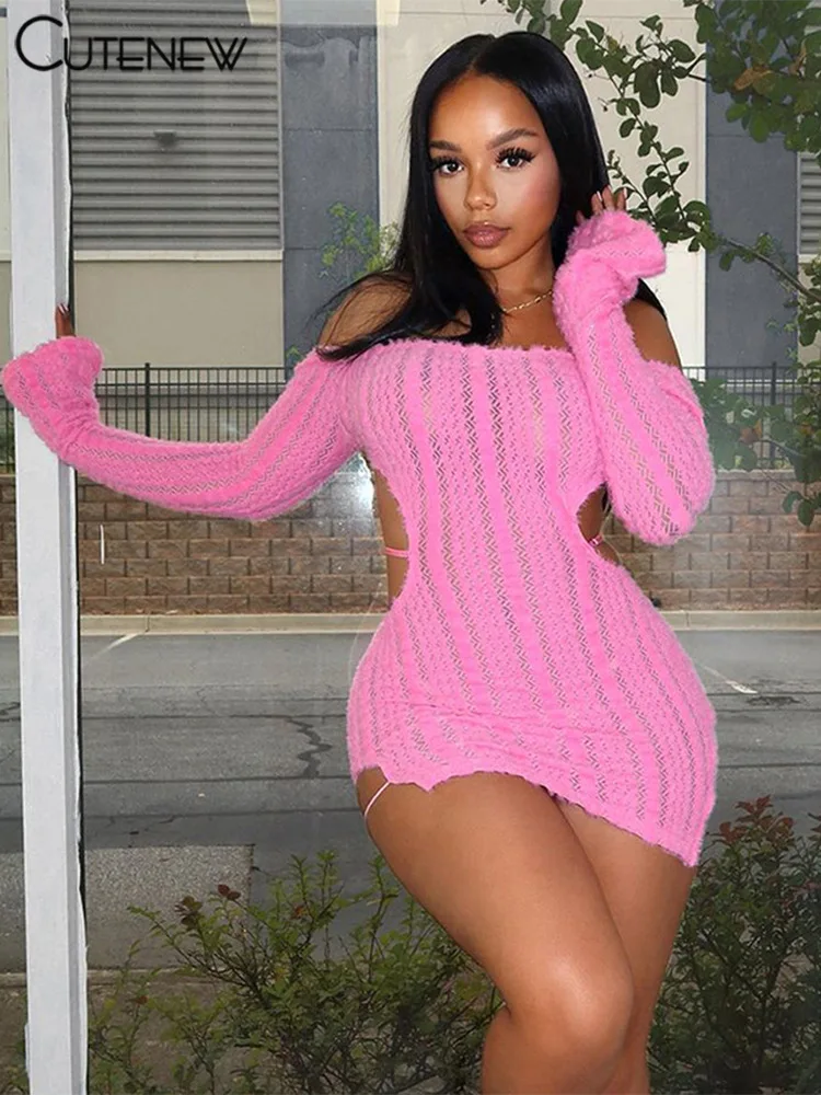 Cutenew fora do ombro feminino mini vestido de malha sólida sexy sem costas manga longa magro tendência vestidos feminino festa clubwear robe