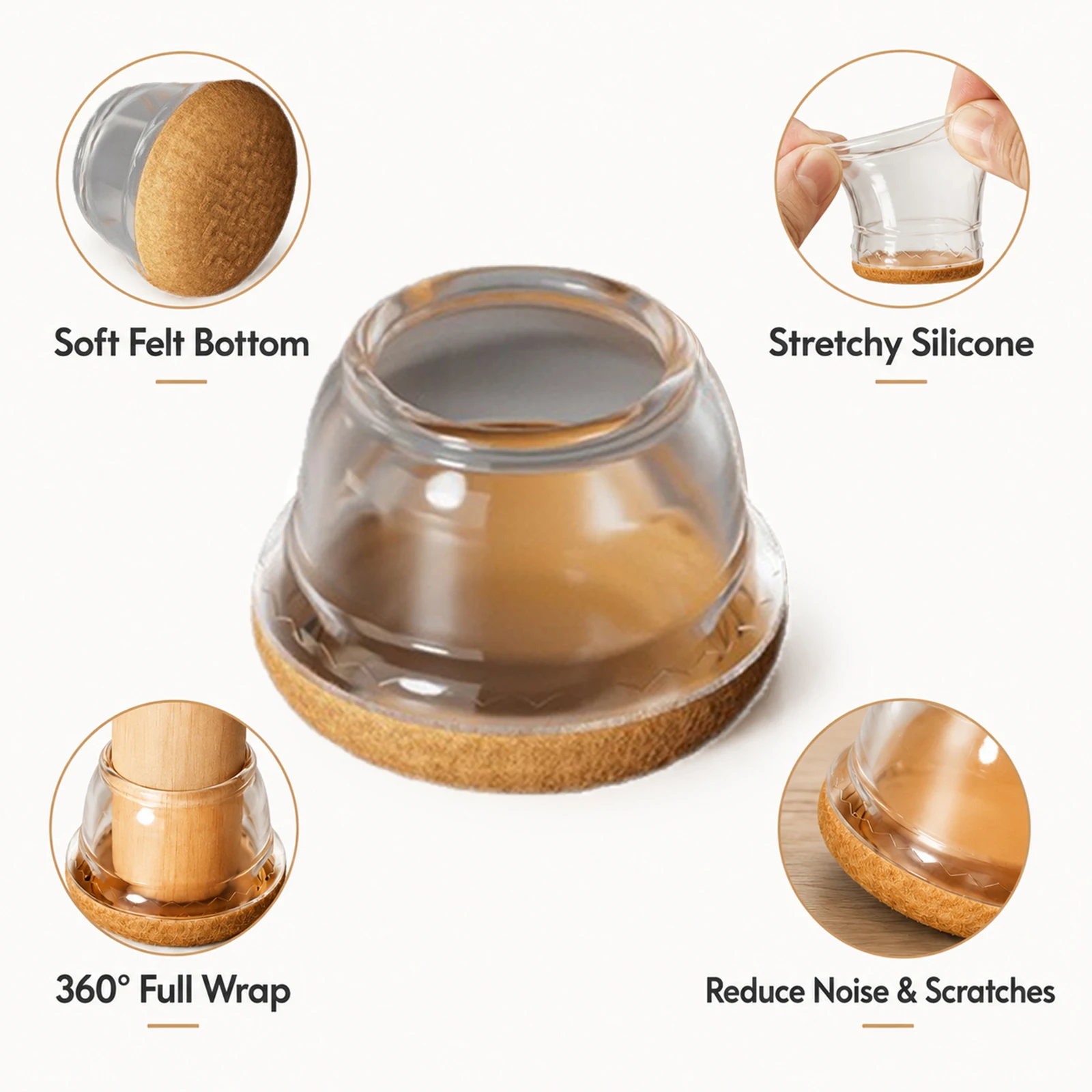 8PCS Clear Silicone Chair Leg Covers Non-Skid Felt Round Furniture Feet Pads for Hardwood Floors Anti Scratch Reduce Noise