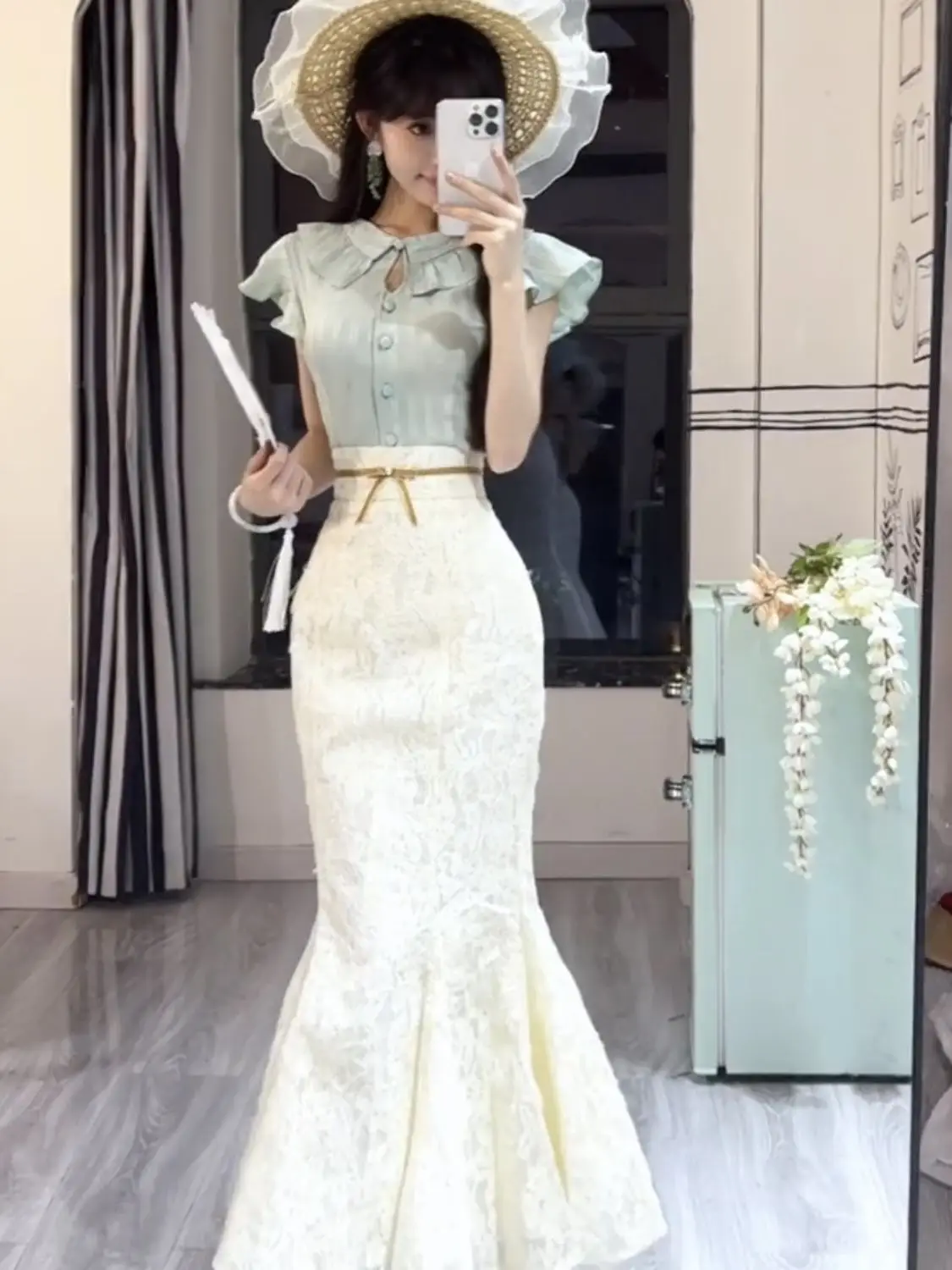 Summer French Retro Elegant 2 Piece Set Women Korea Fashion Green Stripe Tops + Slim Casual Long Skirt Female Fairy Chic Outfits