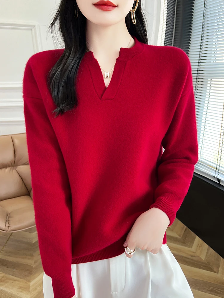 100% Merino Wool Women's V-neck Pullover Sweater  Autumn Winter  Basic Style Long Sleeve Cashmere Knitwear Female Fashion Tops