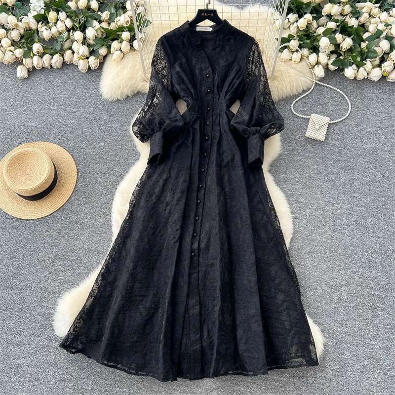 Elegant Formal Evening Floral Maxi Dress Women Long Sleeve Autumn Lace Dresses Female Hollow Out Prom Party Vestido Brand Design