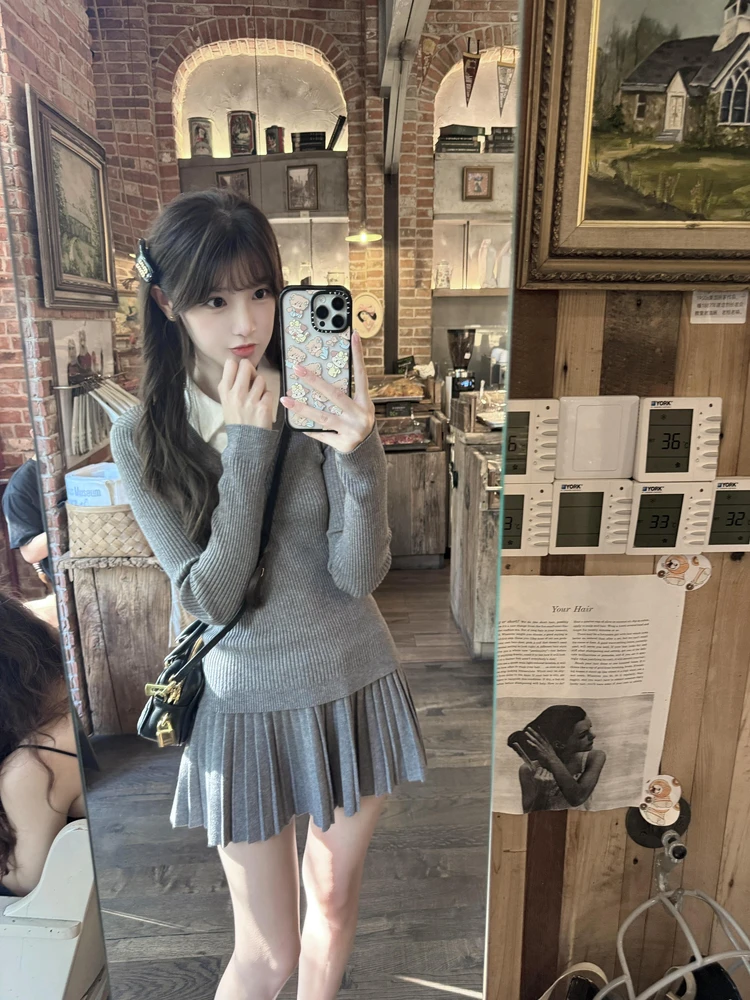 

Gray Knitted Casual Set Women Anti-Aging Slimming Illusory Two-Piece Top Pleated Short Skirt Two-Piece Set Autumn Season