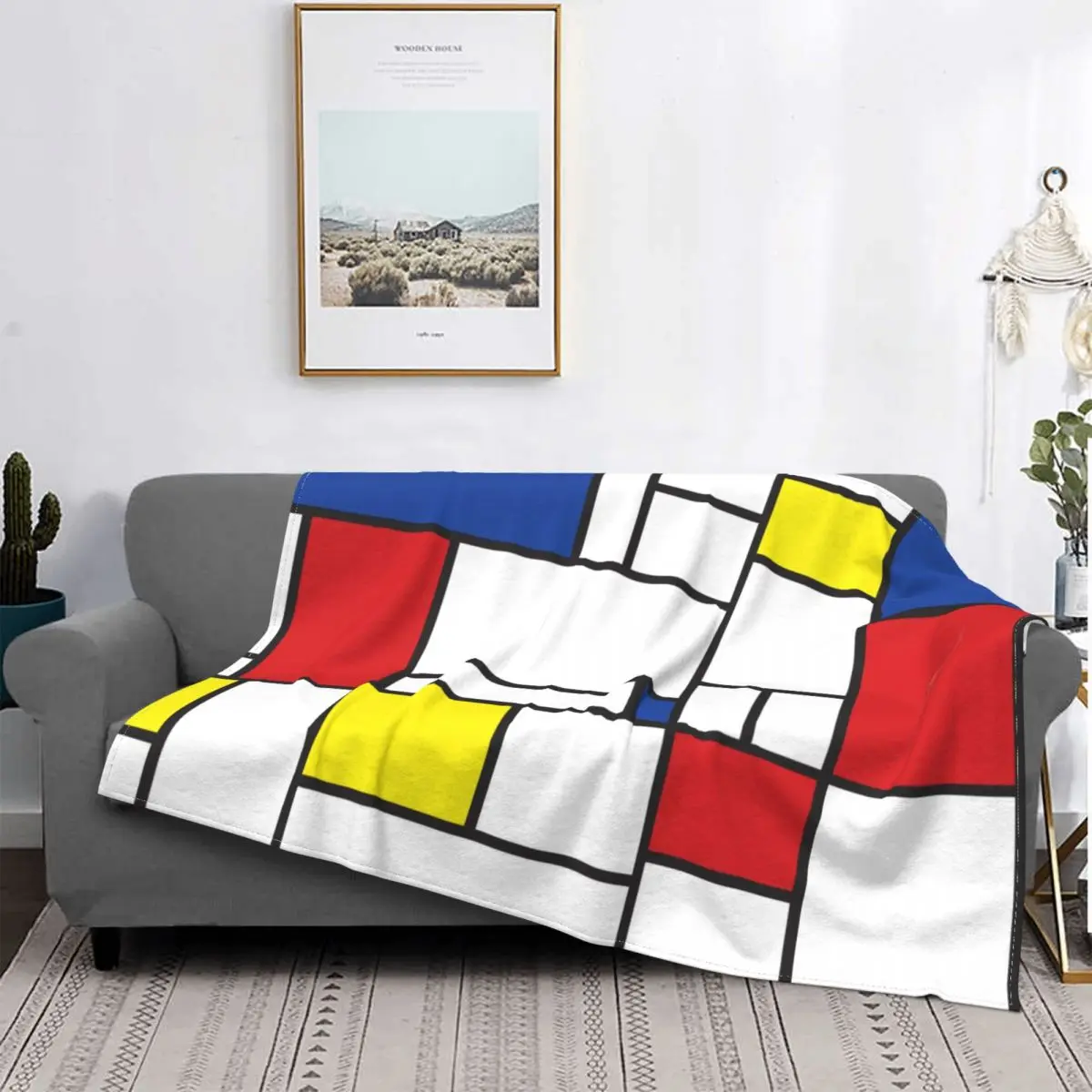 

Mondrian Minimalist Modern Art Blanket Fleece Soft Flannel Color Art Plaid Throw Blankets for Bedroom Couch Office Spring Autumn