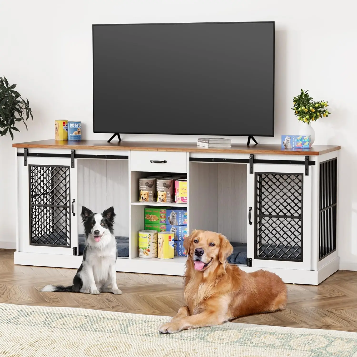 Sturdy Indoor Double Dog Crate Furniture, Large Breed Wooden Kennel End Table with TV Stand