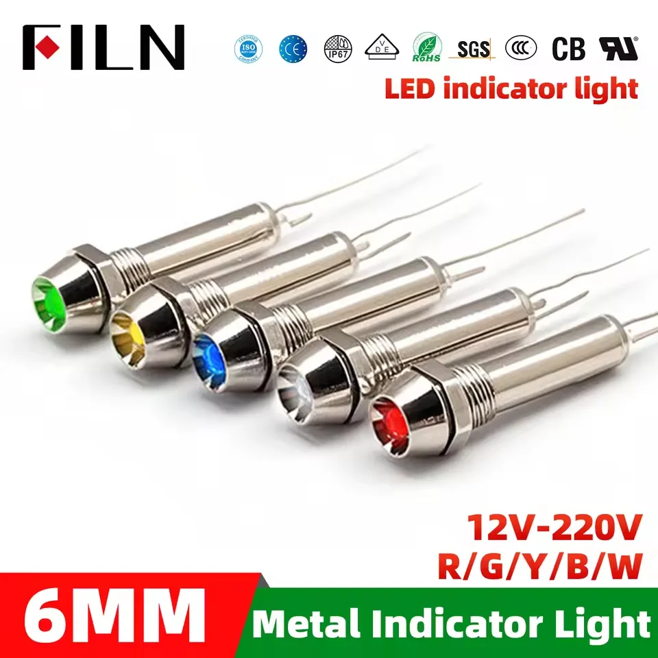 

FILN 5PCS 6MM 2Pin LED 12V 24V 110V 220V LED metal indicator light concave head pilot signal lamp red blue green yellow white