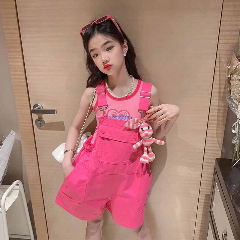 Girls Jumpsuits Summer Vest Suits Pink Overalls Baby Girl Teen Playsuits Shorts Cartoon Sets Sweet Kids Rompers Princess Outfits