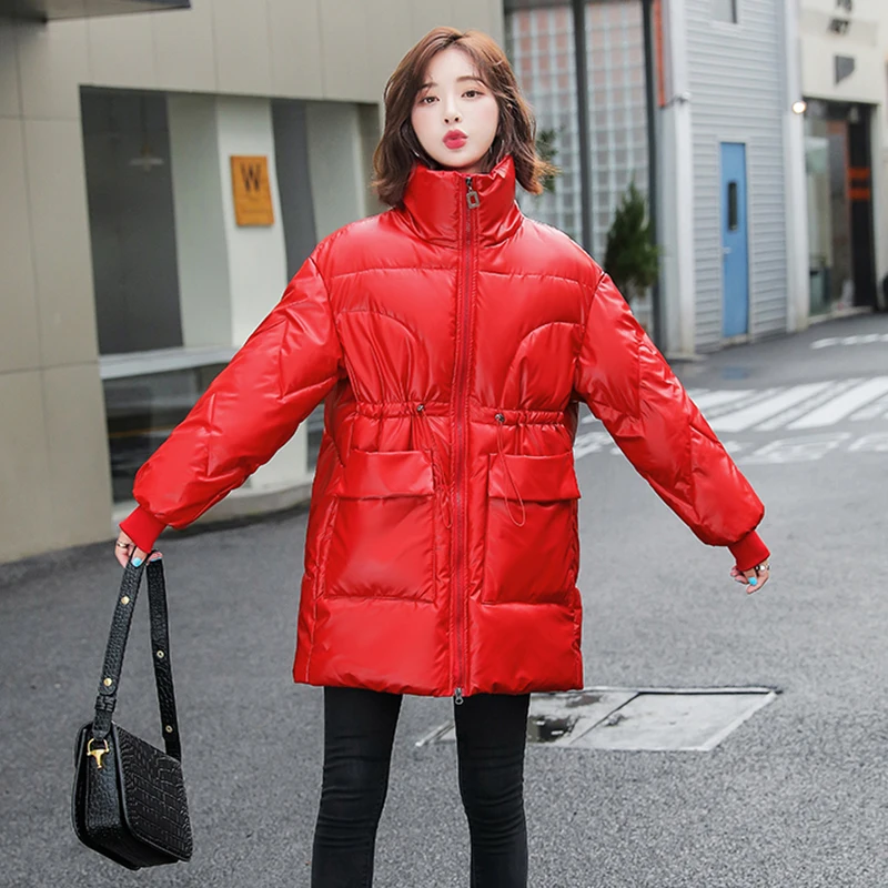 

Korean Mid-Length Shiny Down Padded Jacket Women Outerwear Fashion Loose Lace-Up Thicke Parka New Winter Warm Overcoat Female