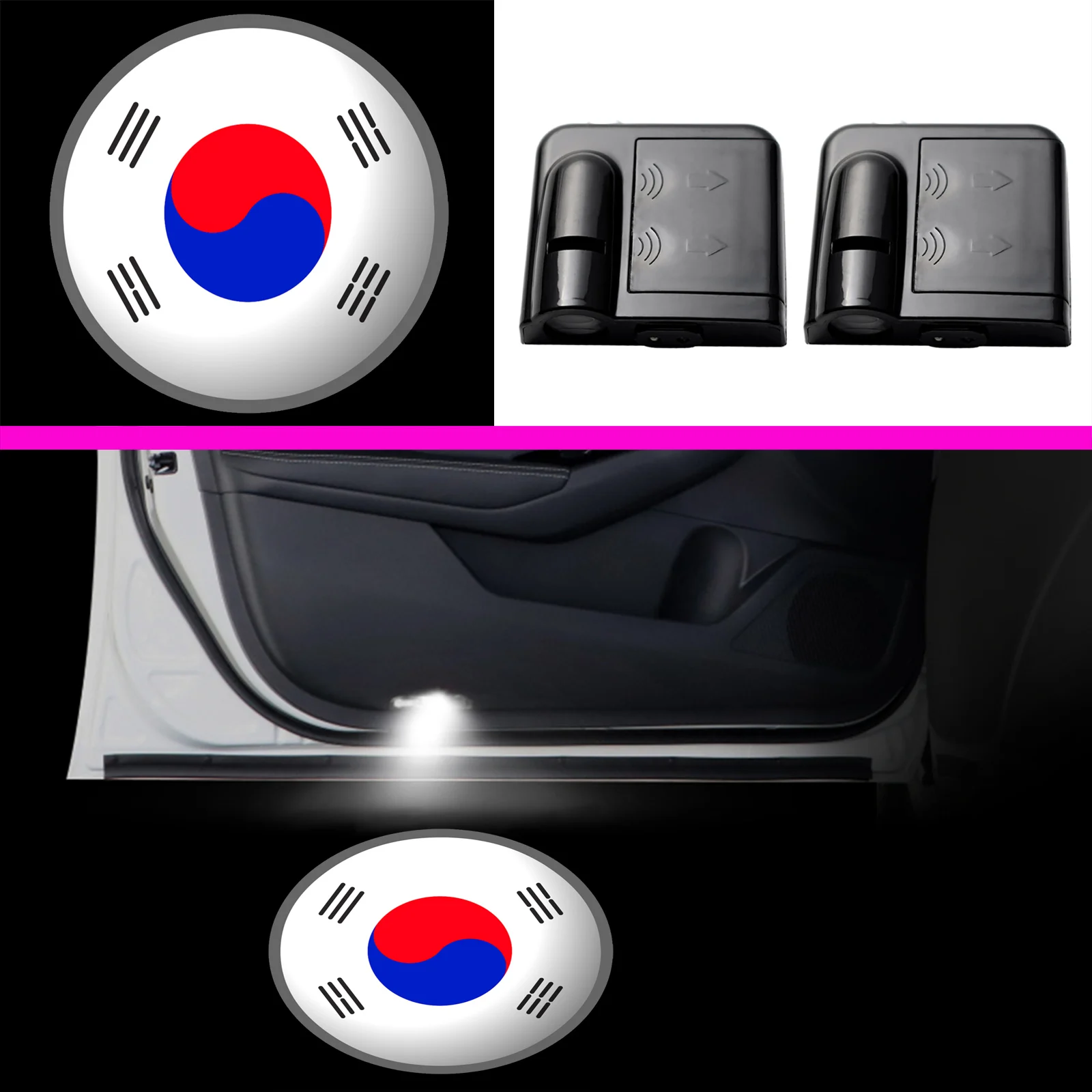 

2x South Korea Korean Flag Car Door Logo Lights Wireless Courtesy Infrared Sensor LED Light Ghost Shadow Projector