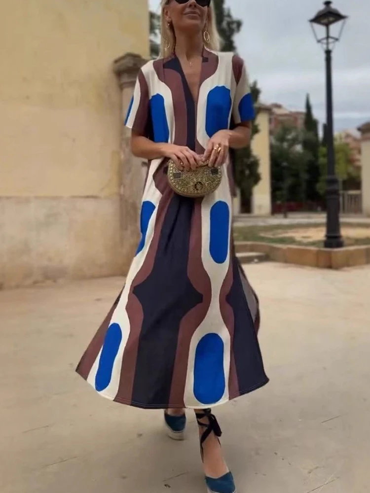 

Summer Women's Short sleeved Casual Style Polyester Material 2025 New Fashion Printed V-neck Hooded Dress
