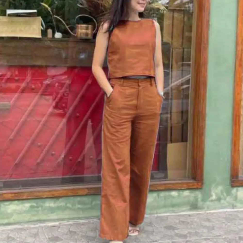 M-4XL 2 Pieces Sets for Women Summer O-Neck Sleeveless Crop Tops High Waist Pockets Wide Leg Long Pants Solid Color Lady Outfit