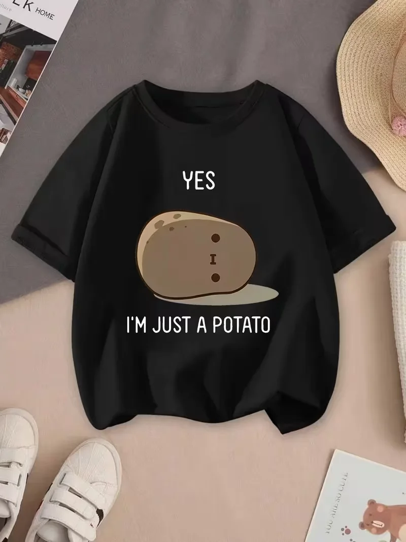 Funny Yes I'm Just A Potato Graphic T-Shirt, Casual Short Sleeve Crew Neck Top,  Cartoon Print Summer Daily Wear Streetwear Tee