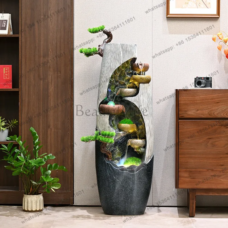 Style Circulating Water Flowing Ornament, Living Room Decoration, Feng Shui Wheel Floor-Standing Rockery Fountain Display