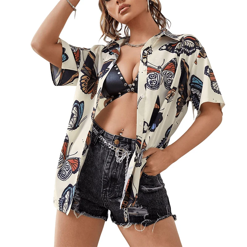 Hawaii Tropical Plants Floral Beach Shirts 3D Print Women Short Sleeve Shirt Button Tops Oversized Holiday Blouse Woman Clothing