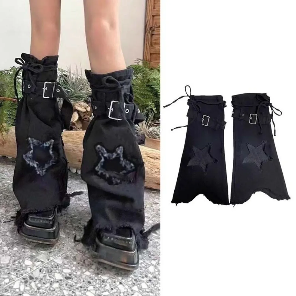 Japanese JK Lolita Y2K Denim Leg Warmers Stars Denim Cloth Cross Trumpet Leg Covers Footcover Drawstring Long Stockings Student