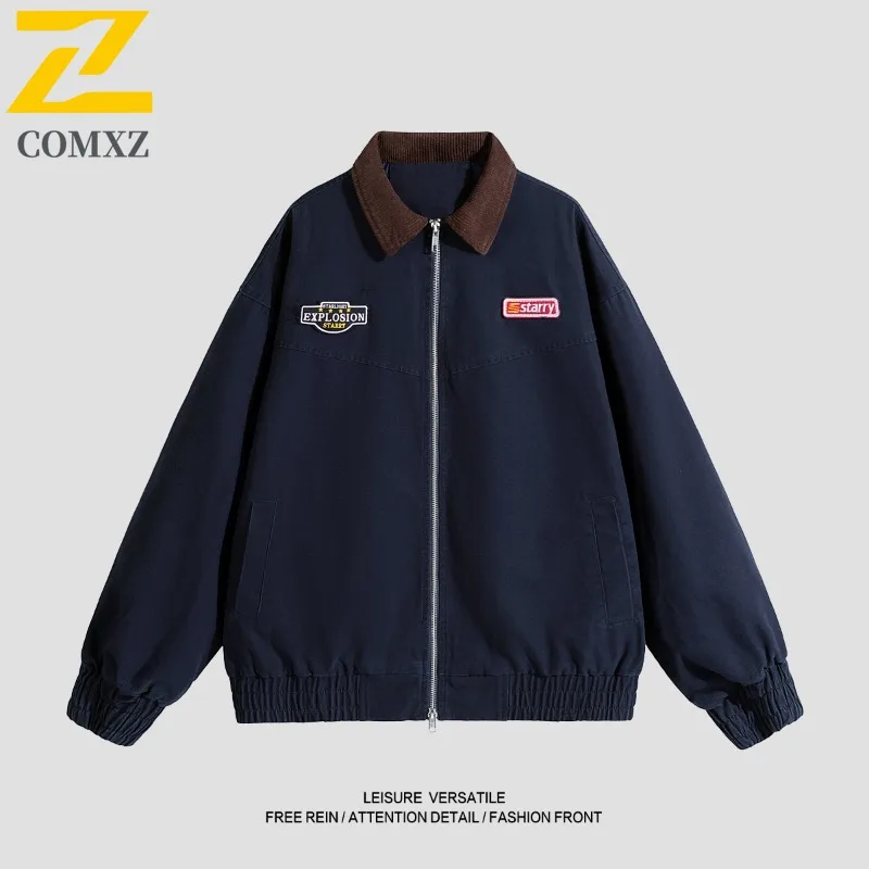 

COMXZ 2025 Men American style Vintage Workwear Washed Distressed Jacket Coat Loose Fit Top Trendy Autumn lightweight windbreaker