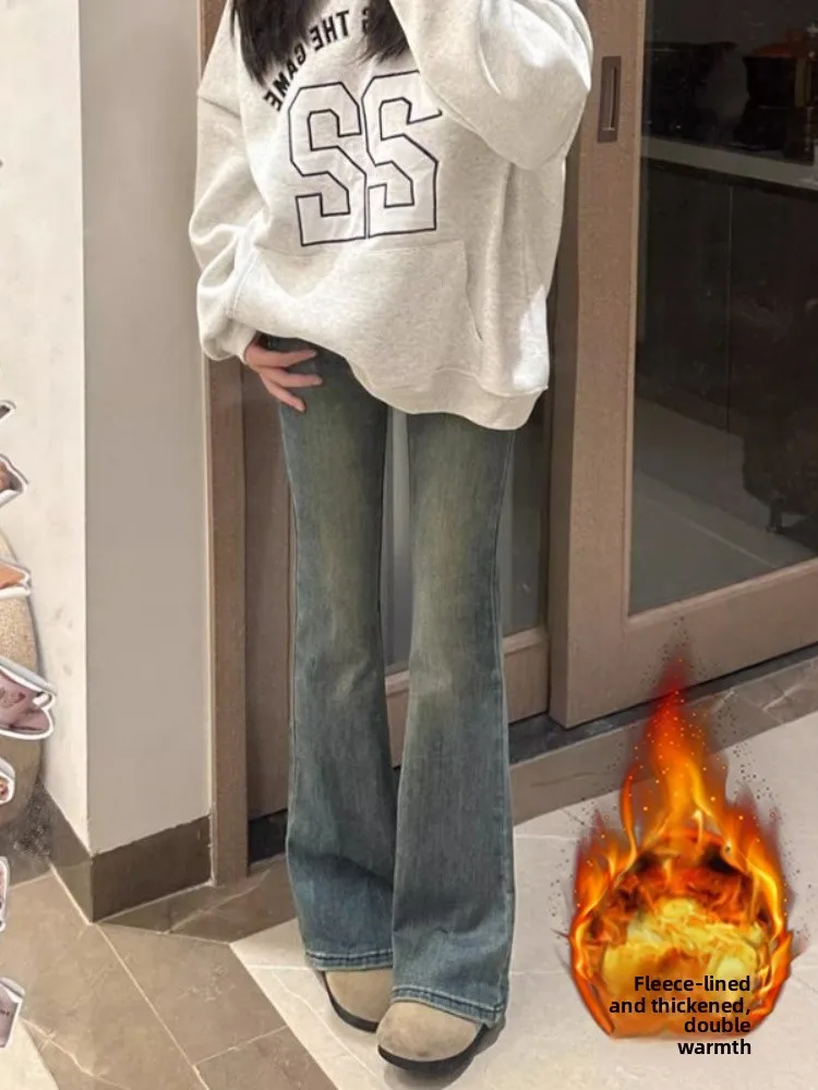 

plus Size Fleece Lined Thickened Micro Flared Denim Jeans Women's High Waist Slimming Elastic Straight Leg Wide Leg Hoo...