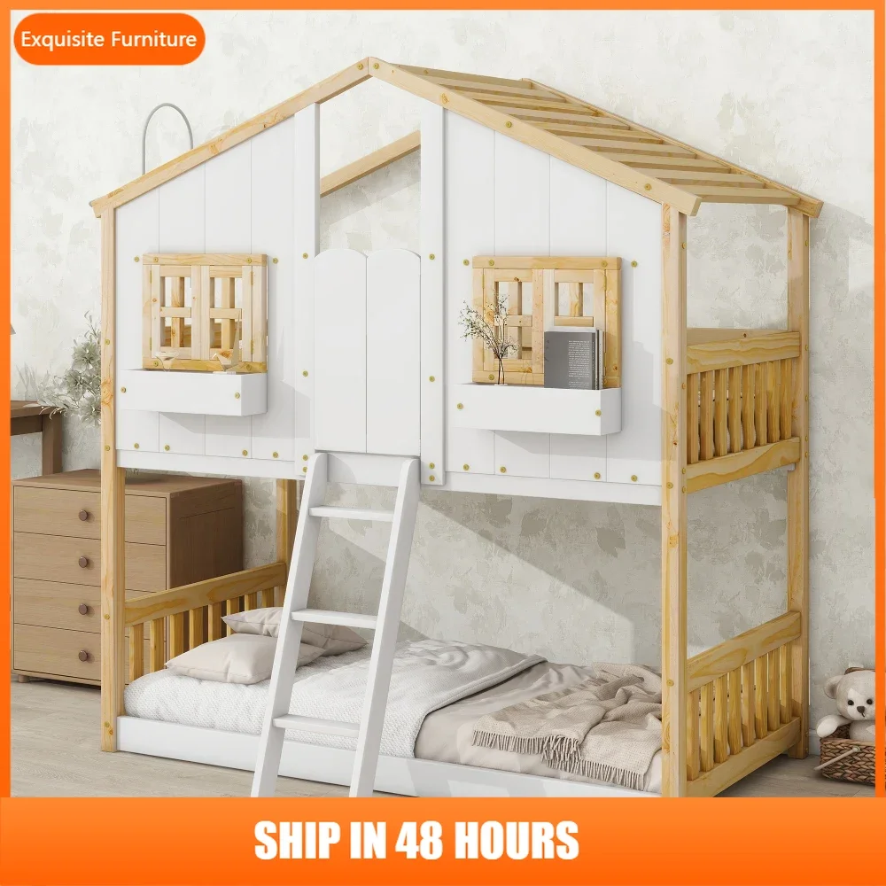 

Twin over Twin House Bunk Bed with Roof , Window, Window Box, Door , with Safety Guardrails and Ladder, Natural/White