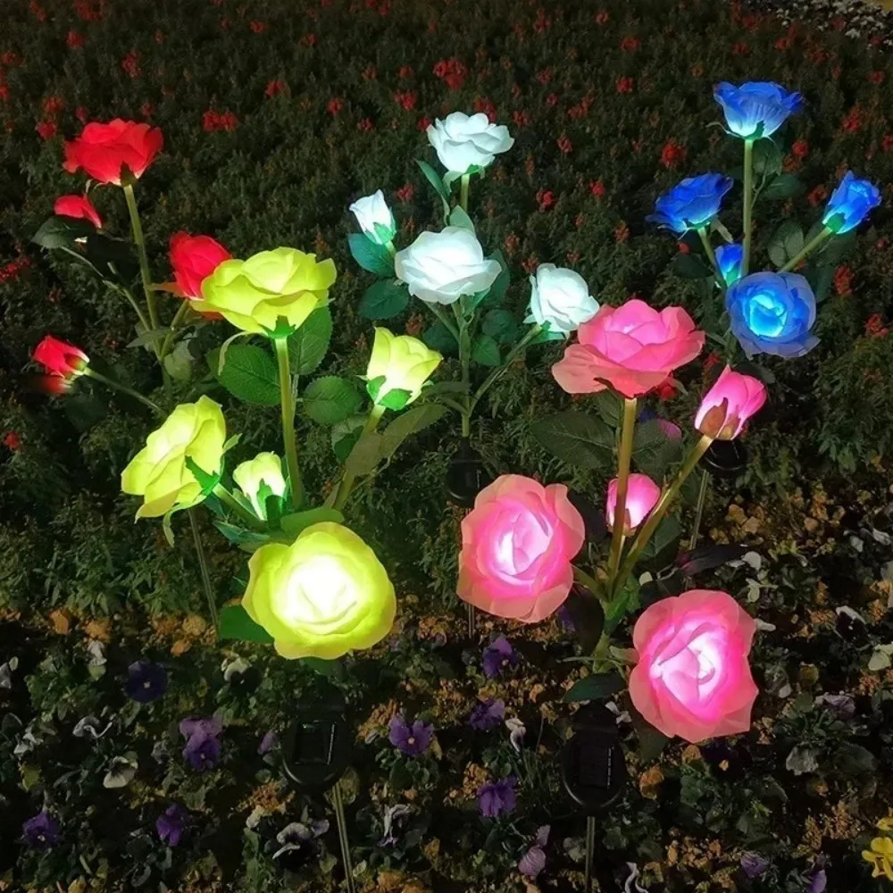 1/2PC 5Heads Outdoor Solar Rose Flower Stake Lights, Waterproof LED Lamp for Courtyard Party Valentine's Day Festival Yard Decor