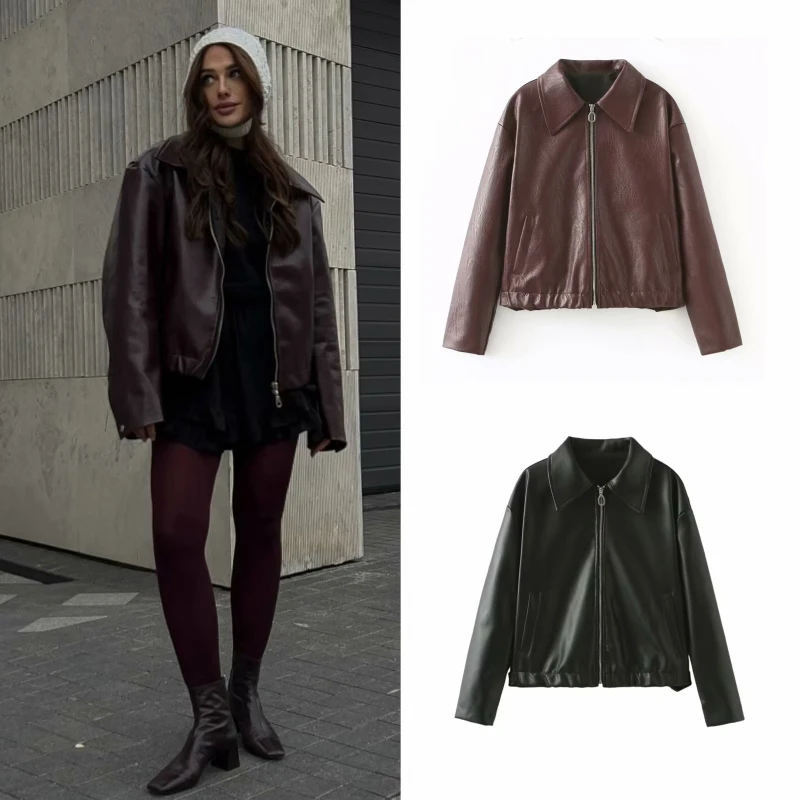 Retro Faux Leather Coats Women Turn-Down Collar Zipper Jacket Casual Comfortable Streetwear Lady Long Sleeves Autumn Winter