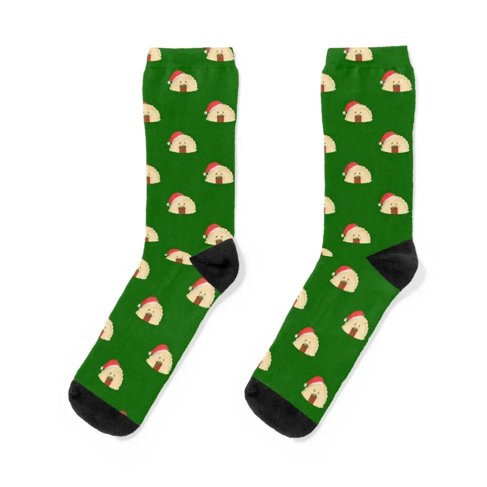 Adorable cute Christmas pierogi dumplings in Santa hat holding a present on green background Socks gift Boy Socks Women's