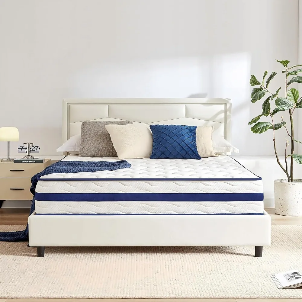 Pełny materac, izolacja ruchu, 10-calowy hybrydowy materac z pianki żelowej z pamięcią kształtu w pudełku, indywidualnie kieszonkowa sprężyna wewnętrzna, oddychający,