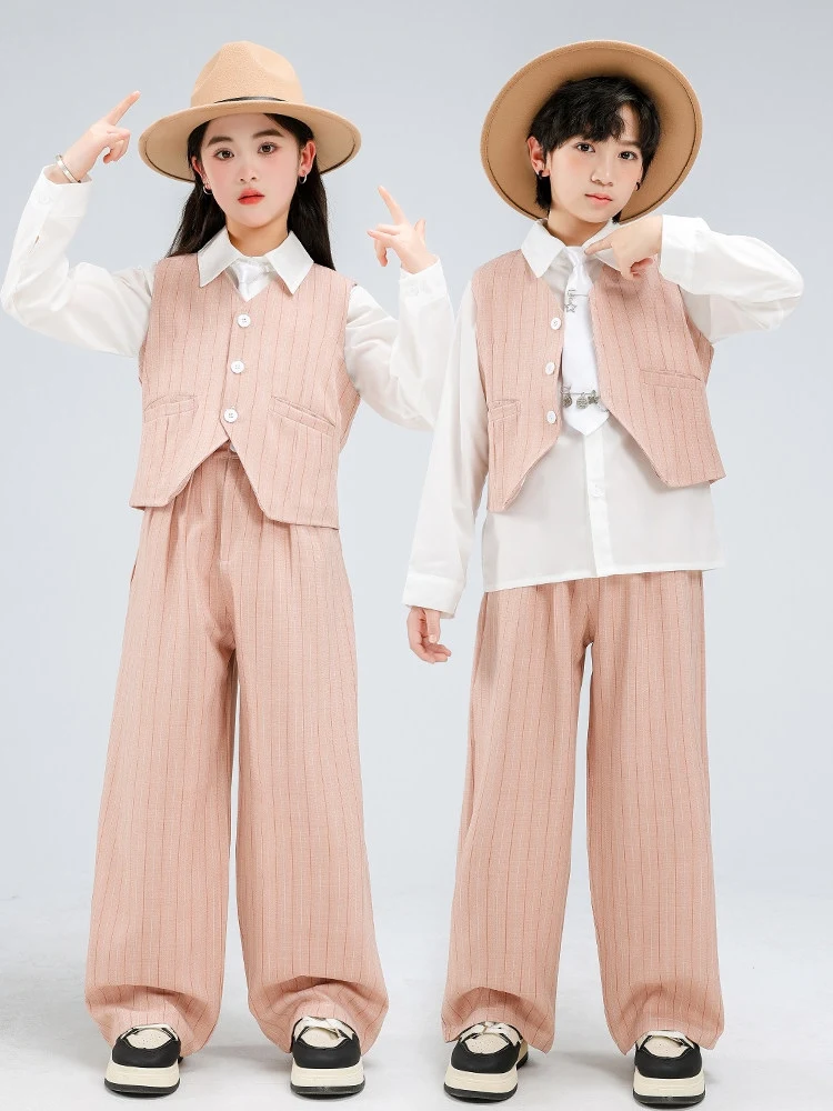 

2026 Детский костюм для джазовых танцев для девочек и мальчиков Poppin, одежда для выступлений в стиле хип-хоп, розовый жилет, брюки, костюм с замком, костюм для концертной сцены