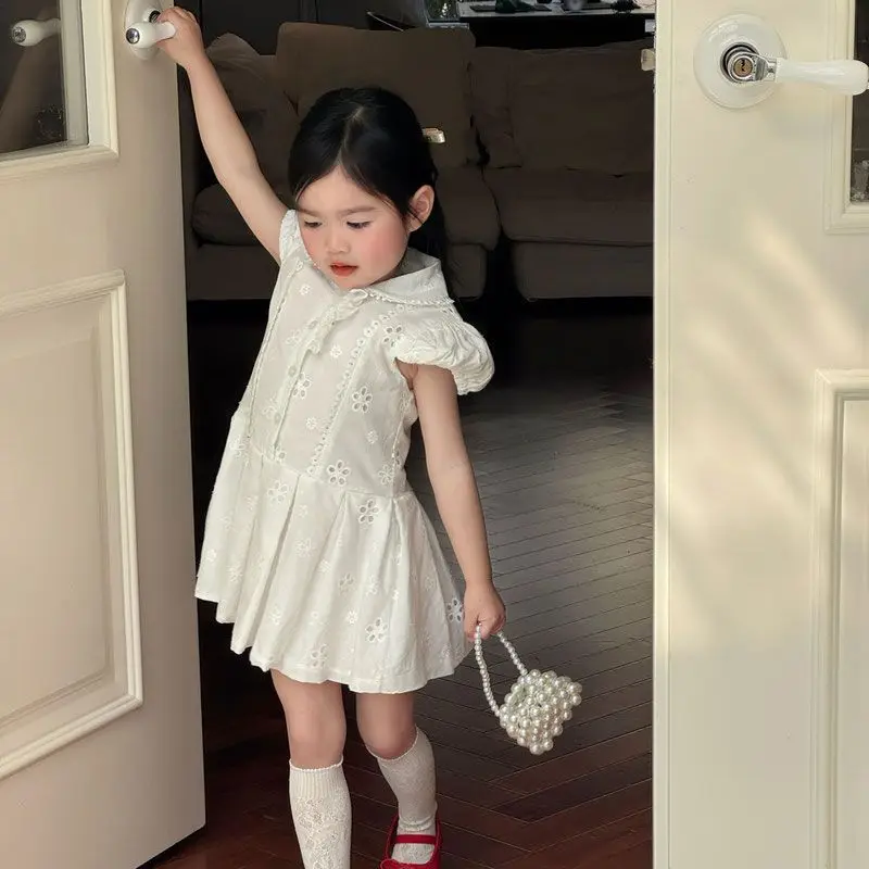 Girls' Fashionable Summer Dress High-End White Lace Hollow Embroidery Children's Clothing New Style