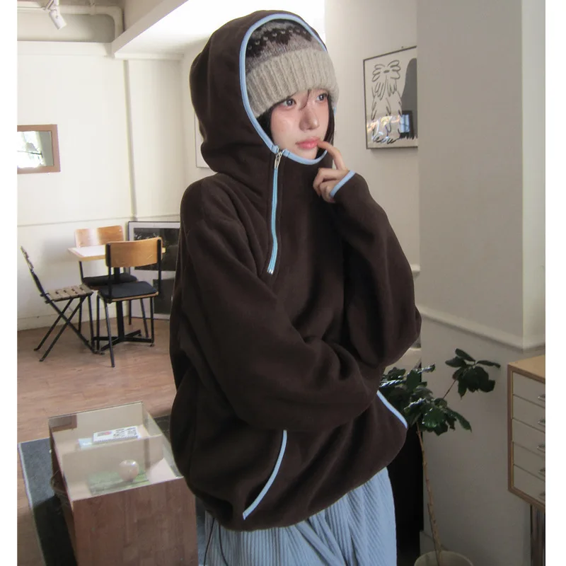 Women's Fashion Zip Up Contrast Piping Hooded Sweatshirt Loose Silhouette Trendy Casual Commute Office Street Daily Wear Hoodie