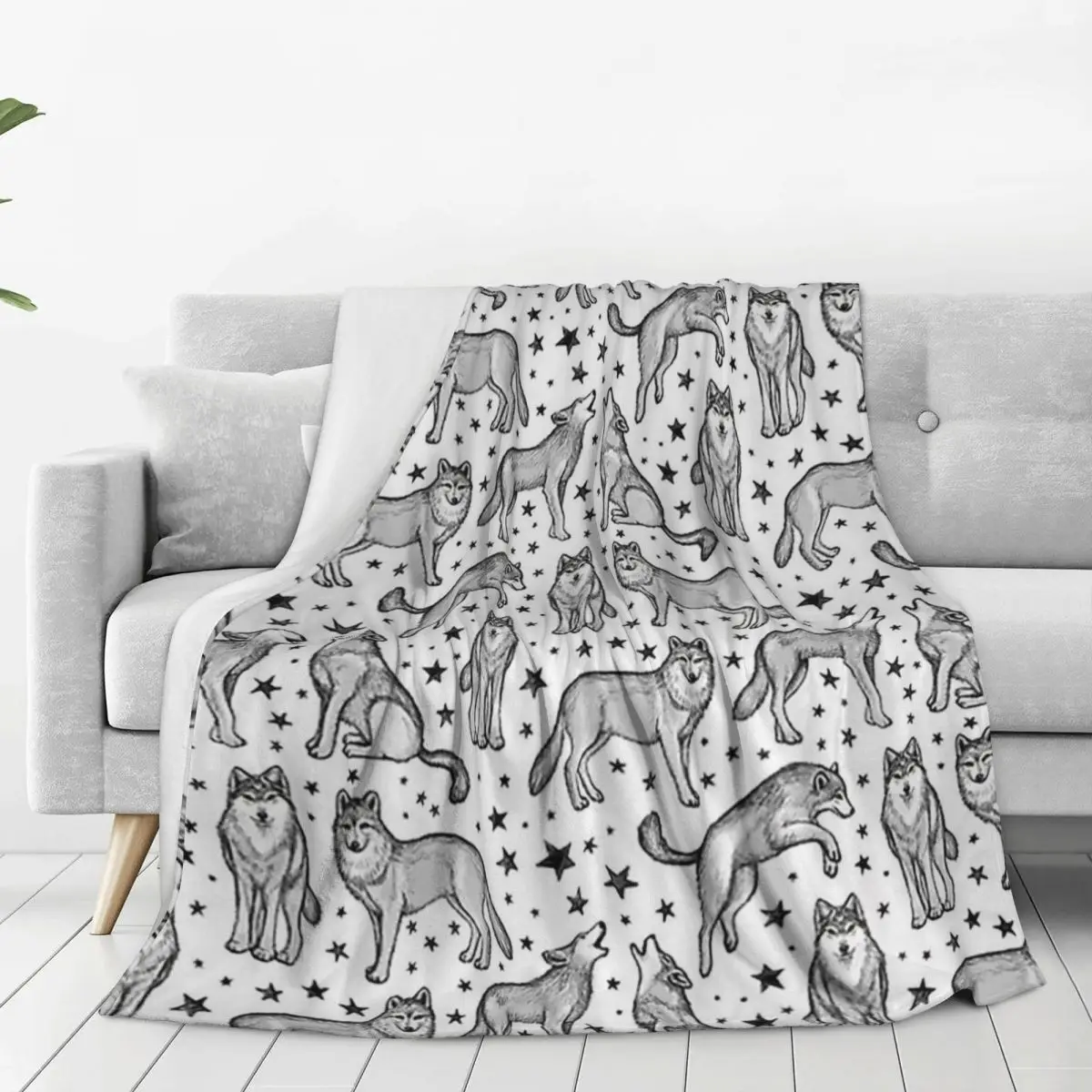 Wolves And Stars On White Blanket Fleece Portable Throw Blankets Sofa Throw Blanket For Home Bedroom Travel Throws Bedspread