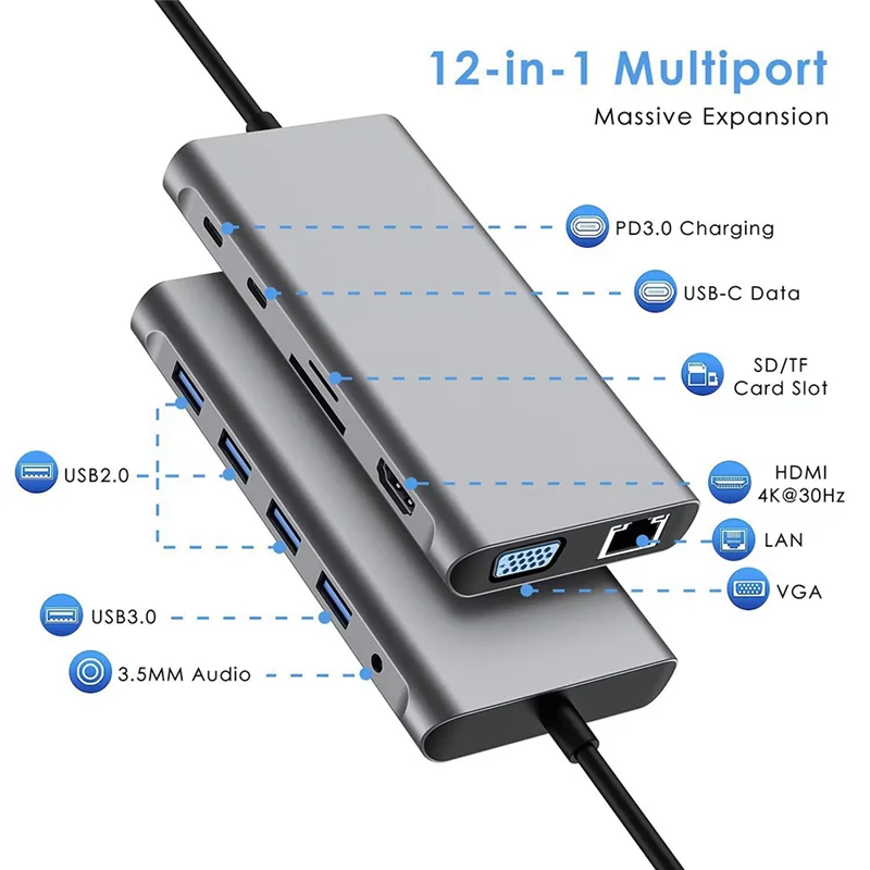 

Docking Station USB Hub 12 In 1 4K 30Hz: -Compatible, USB 2.0, USB 3.0, PD, SD/TF