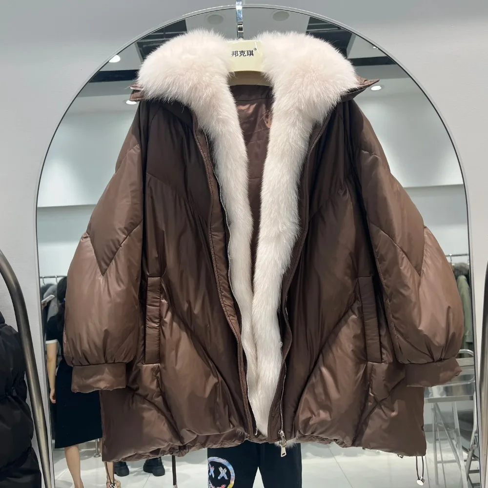 Puffer Coat 2024 Real Natural Fox Fur Winter Women White Goose Down Jacket Loose Warm Puffer Coat Female Thick Mid-Long Parkas