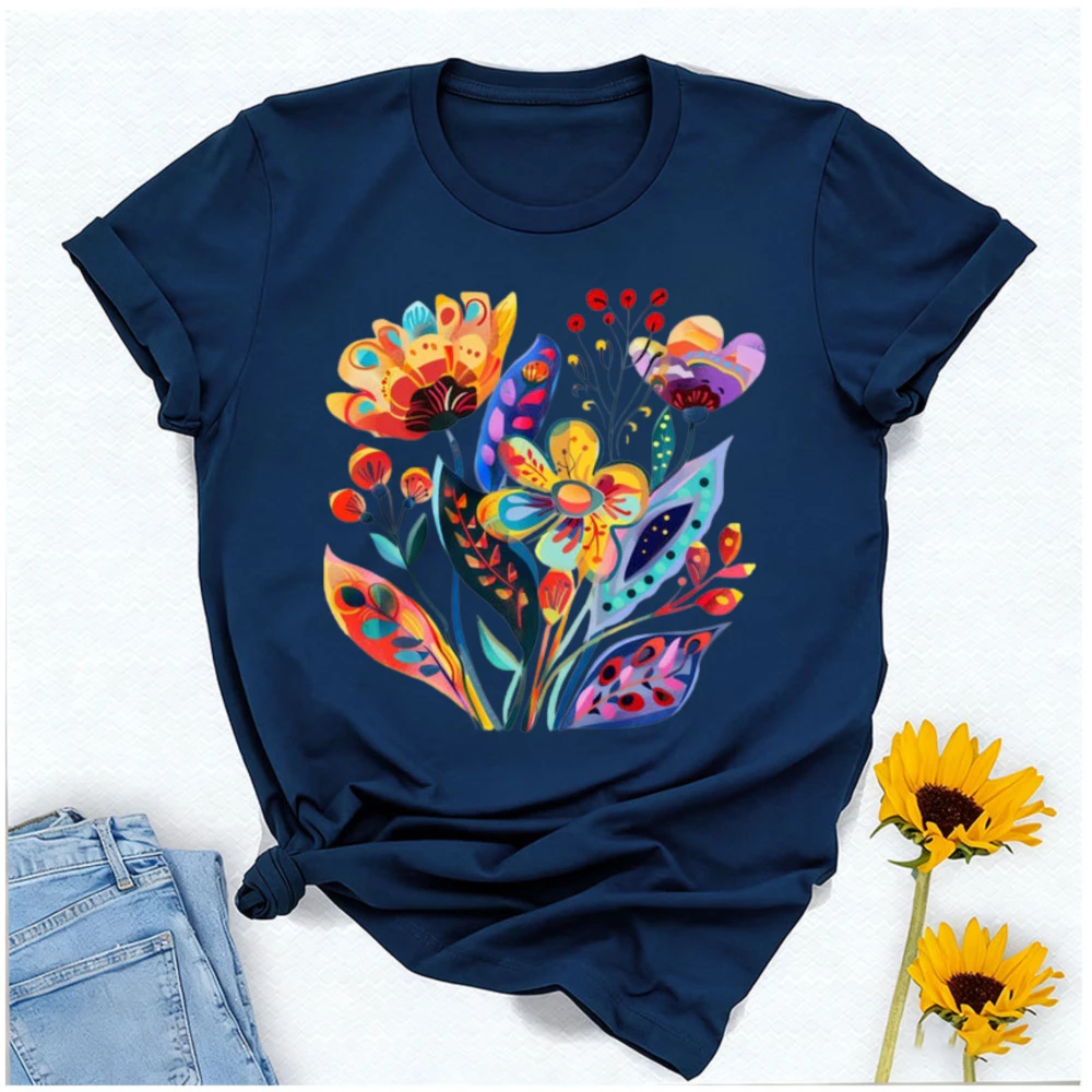 Boho Flower Graphic Tee Colorful Hand-Drawn Print Front & Back Floral Shirt  Botanical Art Gift Femininas Fashion Short-sleev