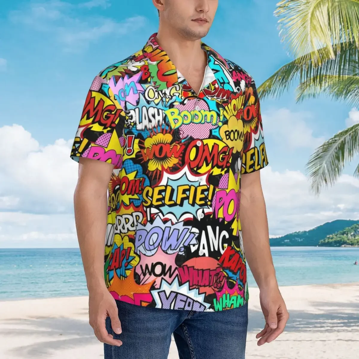 Fun Street Graffiti Comic Pop Art Hawaiian Shirts Fashion Men Short Sleeve Shirt for Summer Beach Men's Button Tops